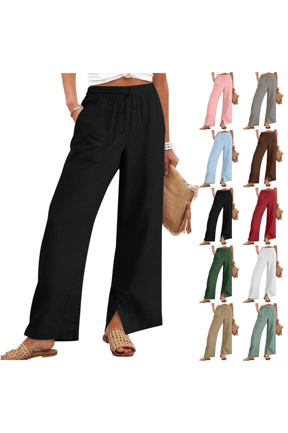 Womens Plus Size Pants Straight Leg Loungewear Work Casual,Drawstring Ropa De Mujer Pockets Cotton Linen Black Dress Pants for Ladies Side Slit