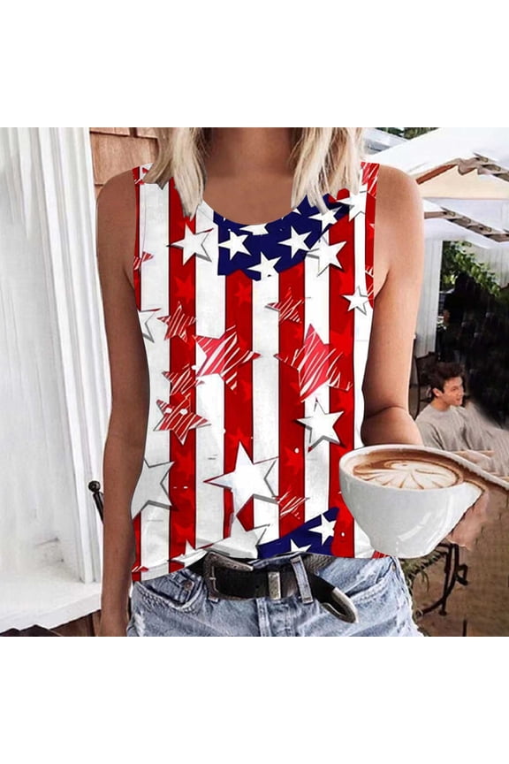 Womens Plus Size Summer Tank Tops Red White and Blue July 4th Tshirts Sleeveless Casual Work Undershirts Camisole Fashion Tops for Junior Patriotic