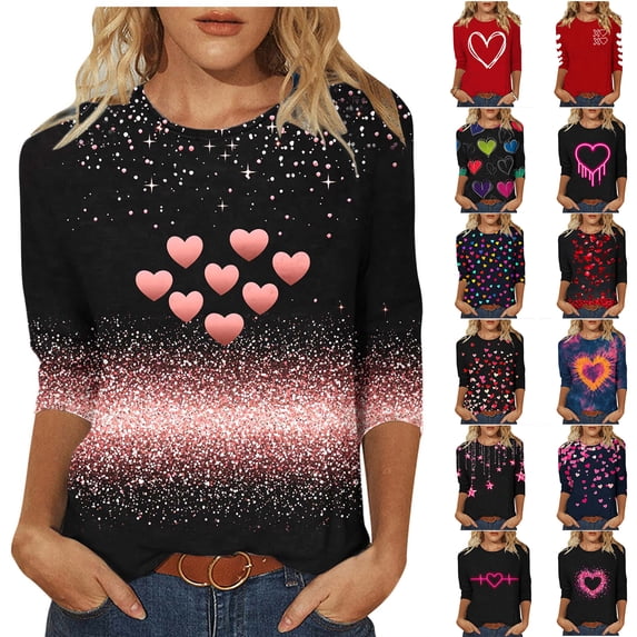 Vetsdori Womens Plus Size T-Shirts Gifts for Her 3/4 Sleeve Pullover Valentines Heart Print Cute Graphic,Fashion Tops for Junior Trendy