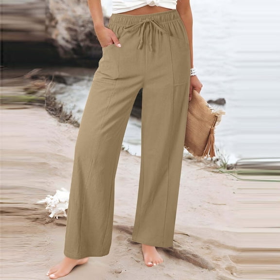 Vetsdori Womens Pockets Pants Summer Cotton Linen Loungewear Khaki Straight Leg,Drawstring Ropa De Mujer Work Lightweight Dress Pants for Women Casual