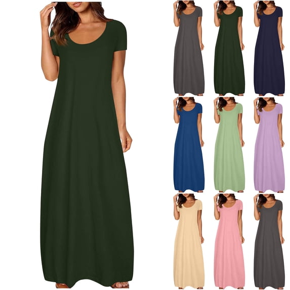 Vetsdori Juniors Short Sleeve Maxi Dresses Summer Plain Sundress Tunic Plus Size Party,Beach Lightweight Dress for Women Casual