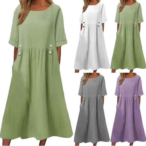 Vetsdori Womens Short Sleeve Midi Dresses Cotton Linen Sundress Summer Party Solid Color,Holiday Dress for Ladies Pockets