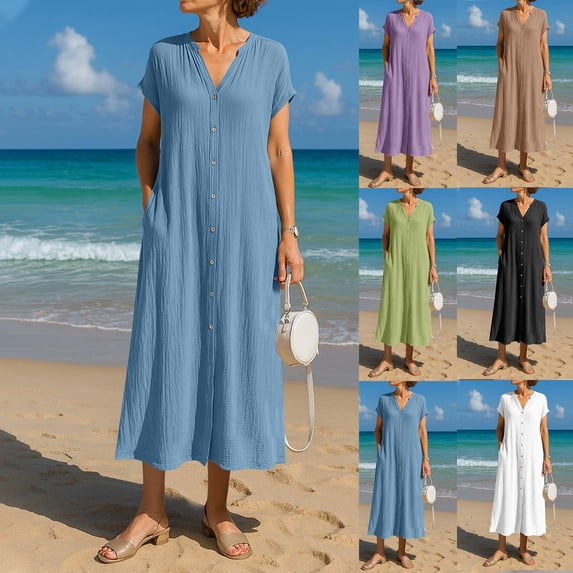 Vetsdori Womens Short Sleeve Midi Dresses Summer Party Cotton Linen Sundress,Lightweight Black Loose Dress for Junior Solid Color
