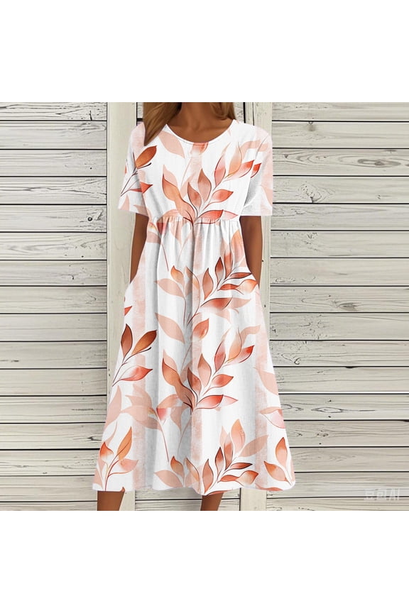 Womens Short Sleeve Midi Dresses Summer Sundress Casual Beach Pleated Tunic,Party Mujer Dress for Junior Crewneck