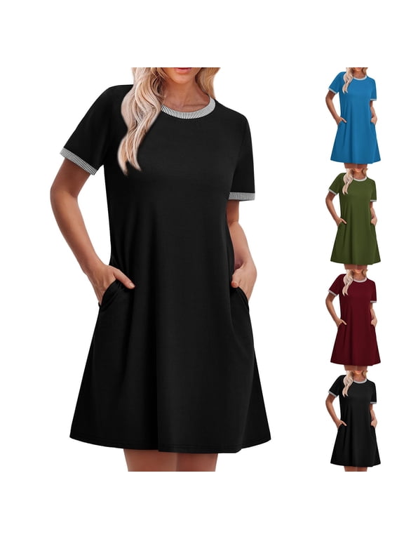 Womens Short Sleeve Mini Dresses Summer Party Sundress Casual A-Line Plain,Crew Neck Dress for Ladies Beach
