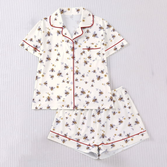 Vetsdori Womens Short Sleeve Pajamas Sets 2 Pieces Shorts & Top Homewear Button up Sleepwear Loungewear Summer,Holiday PJ Sets for Women Soft