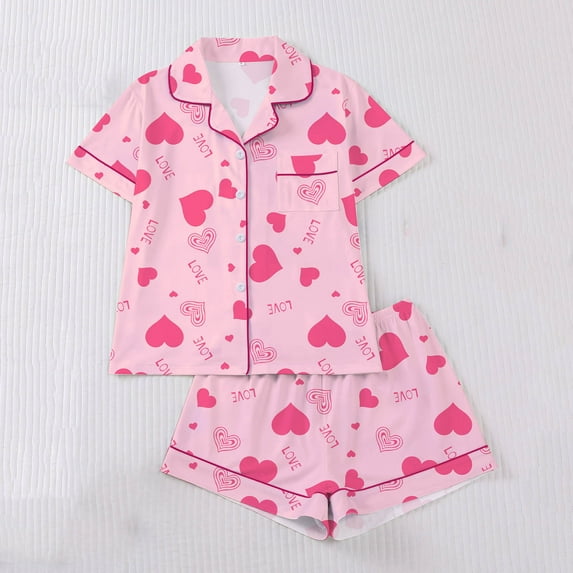 Vetsdori Womens Short Sleeve Pajamas Sets Heart Print Casual Homewear Shorts & Top 2 Pieces,Sleepwear Button up Loungewear Summer Pjs for Women Soft