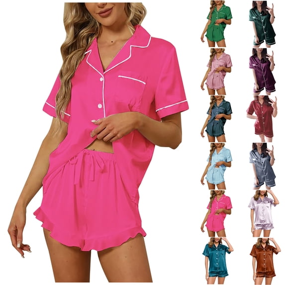 Vetsdori Womens Shorts & Top Pajamas Sets Button up Casual Homewear Pockets Soft Sleepwear 2 Pieces Pajamas for Women Holiday