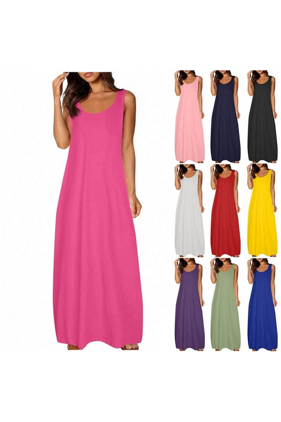 Womens Sleeveless Maxi Dresses Black Beach Slip Dress Sundress Summer,Tank Plain Casual Pockets Dress for Junior Outfits