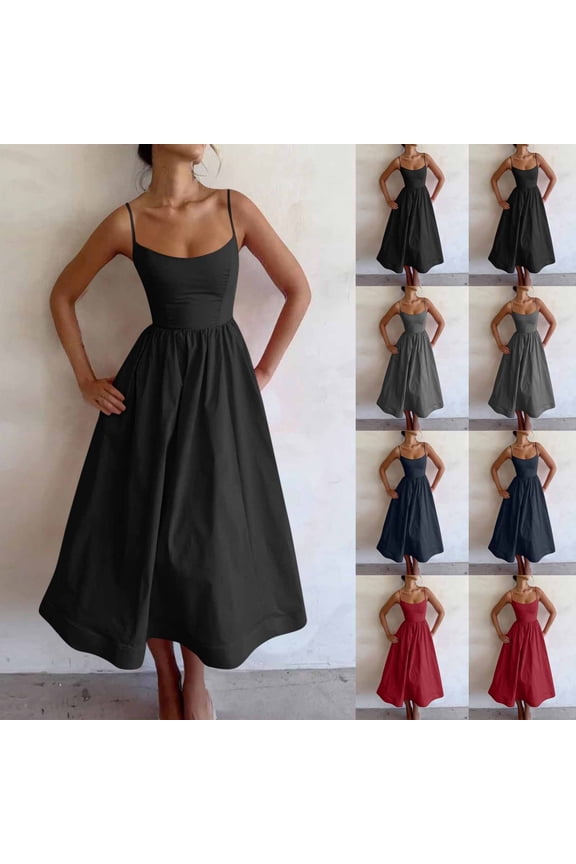 Womens Sleeveless Maxi Dresses Black Summer Slip Dress Tank Party Evening Gown Pleated,Solid Color Holiday Dress for Junior Square Neckline