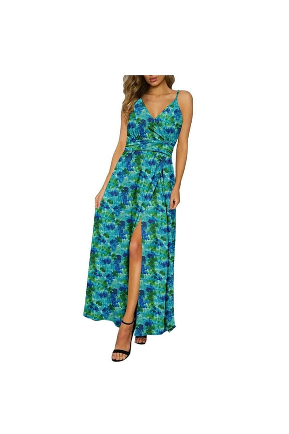 Womens Sleeveless Maxi Dresses Plain Tank Slip Dress Beach,Casual V-Neck Summer Pleated Dress for Junior Sundress