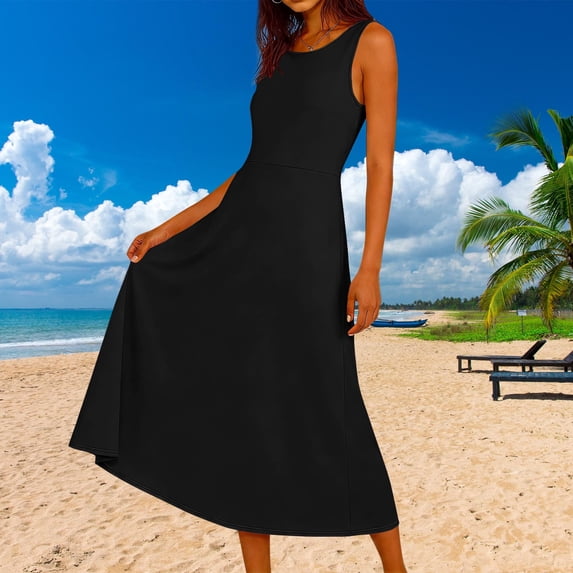 Vetsdori Womens Sleeveless Maxi Dresses Summer Slip Dress Plain,Tank Sundress Black Crew Neck Dress for Women Holiday
