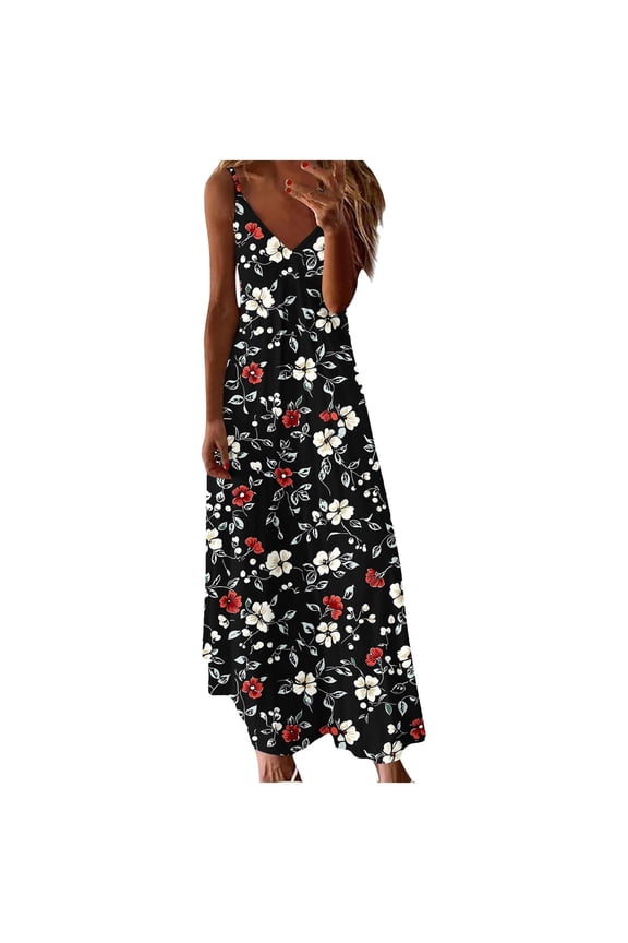 Womens Sleeveless Maxi Dresses Sundress Holiday Slip Dress Black Beach Summer Tank,Graphic V-Neck Dress for Ladies Outfits