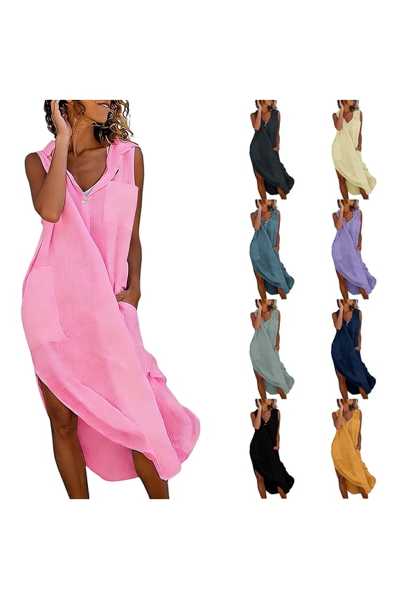 Womens Sleeveless Maxi Dresses Tank Solid Color Slip Dress Sundress,Summer Button V-Neck Casual Dress for Junior Outfits
