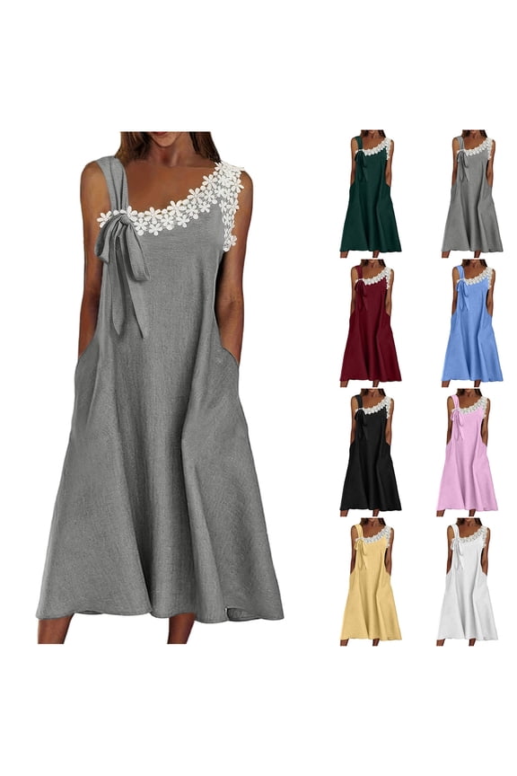 Womens Sleeveless Midi Dresses Casual Sundress Floral ,Slip Dress Lace Cotton Linen Dress for Junior Summer Party