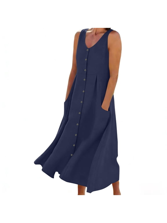 Womens Sleeveless Midi Dresses Summer Party Sundress Casual Cotton Linen,Solid Color Slip Dress Dress for Ladies Pockets