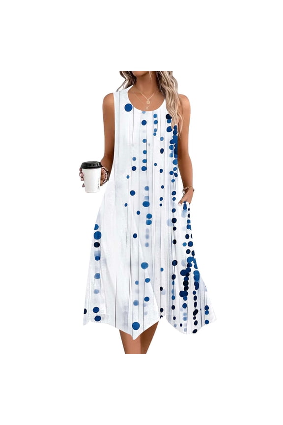 Womens Sleeveless Midi Dresses Sundress Summer Slip Dress Tank Beach,Pockets Graphic Crew Neck Dress for Ladies Outfits
