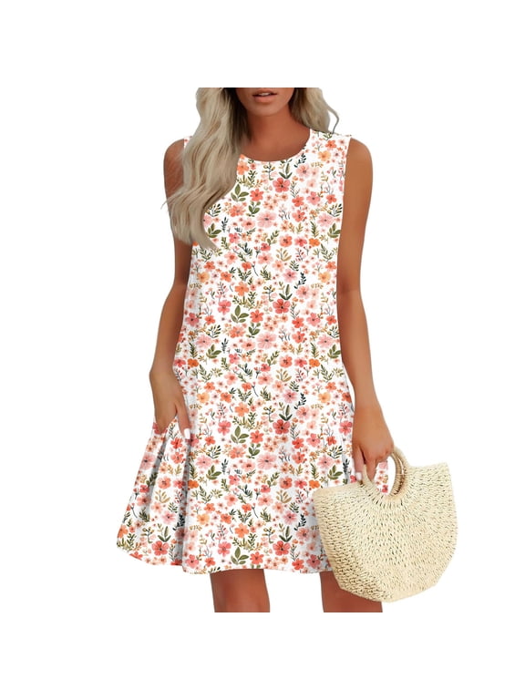 Womens Sleeveless Mini Dresses Beach Graphic Slip Dress Summer Sundress Casual Tank,Crew Neck Dress for Junior Pleated