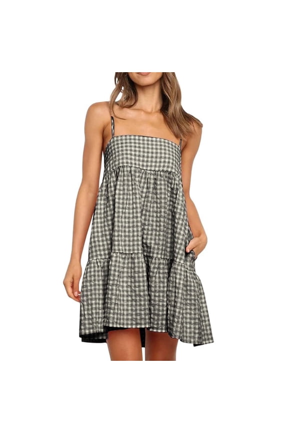 Womens Sleeveless Mini Dresses Beach Sundress Slip Dress Casual Tank,Summer Plaid Pleated Dress for Ladies Square Neckline