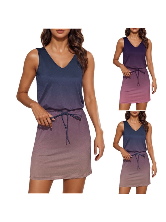 Womens Sleeveless Mini Dresses Graphic Slip Dress Beach Casual Tank Sundress,Pockets Summer Dress for Ladies V-Neck