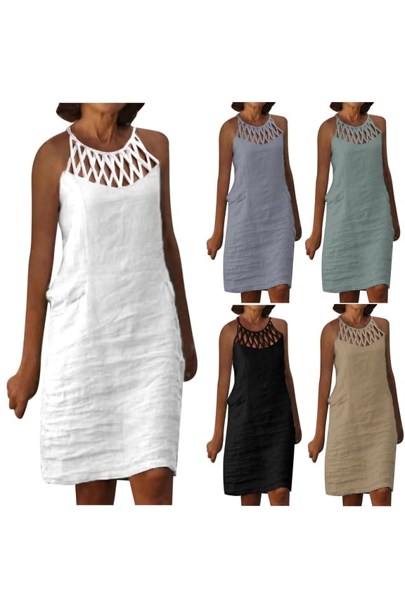 Womens Sleeveless Mini Dresses Lightweight Slip Dress Sundress Black Cotton Linen,Loose Solid Color Dress for Junior Vestido mujer