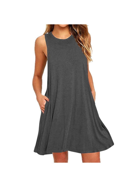 Women's Summer Sleeveless Mini Dress with Pockets, Tank Casual Style, Loose Crew Neck Womens Dresses