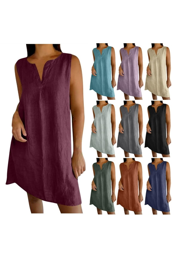 Womens Sleeveless Mini Dresses Solid Color Slip Dress Casual Shirt Dress,Cotton and Linen Summer Mujer Dress for Junior V-Neck