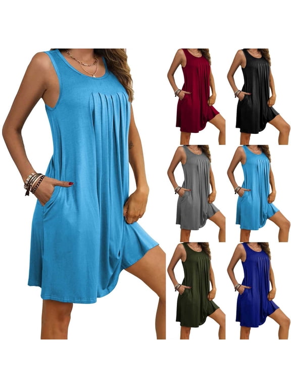 Womens Sleeveless Mini Dresses Summer Sundress Slip Dress Pockets Beach Plain,Tank Crew Neck Dress for Women Pleated