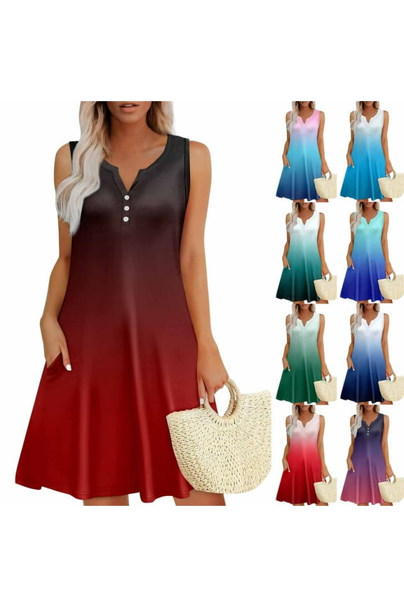 Womens Sleeveless Mini Dresses Tank Slip Dress Summer Casual,Graphic Beach Pockets Sundress Dress for Junior Outfits