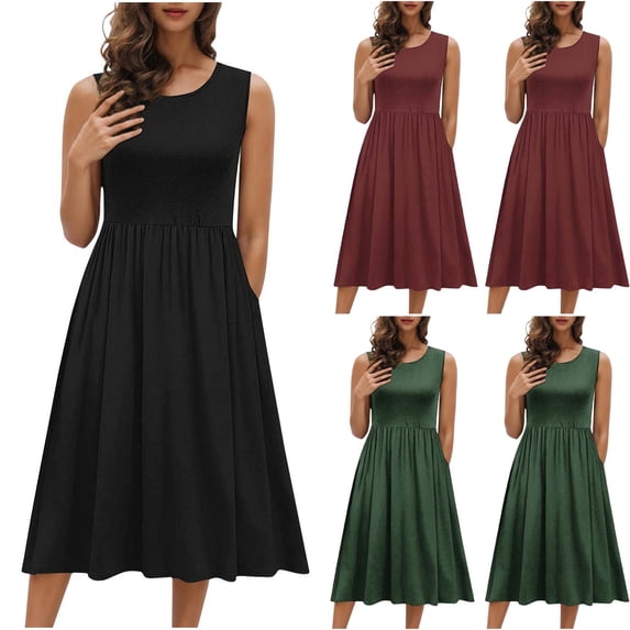 Vetsdori Womens Solid Color Maxi Dresses Sleeveless Casual Slip Dress Party,Pockets A-Line Summer Lightweight Dress for Ladies Crew Neck