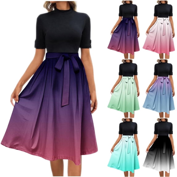 Vetsdori Womens Summer Midi Dresses Black Holiday Sundress Gradient Party Wrap Pleated,Short Sleeve Beach Dress for Junior Mujer
