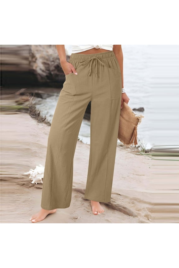 Womens Summer Pants Pockets Cotton Linen Loungewear Pantalones Ropa De Mujer,Work Drawstring Straight Leg Dress Pants for Women Loose