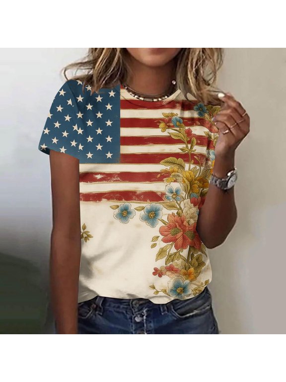 Womens Summer T Shirts July 4th American Flag Pullover Red White and Blue Short Sleeve Plus Size Graphic Casual , Independence Day Crew Neck Tops for Junior Fashion