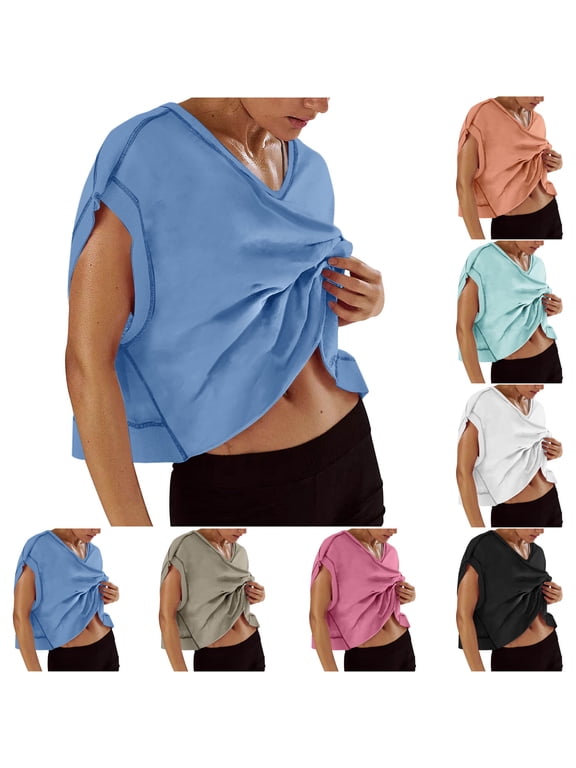 Womens Summers Open Back Workout Backless Short Sleeve Athletic Shirt Running Crop Gym Yoga Tee