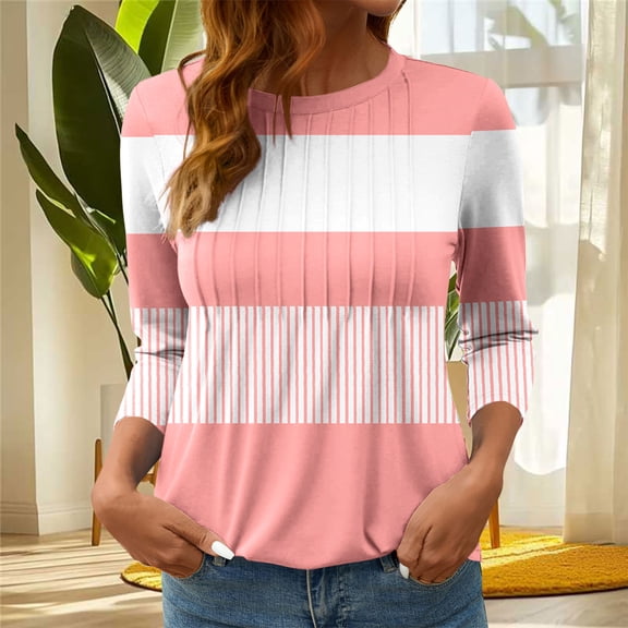 Vetsdori Womens Three Quarter Sleeve Blouses Plus Size Pullover Trendy Tunic Summer,Striped Crew Neck Tops for Womens Dressy