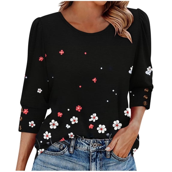 Vetsdori Womens Three Quarter Sleeve Tops Plus Size Button up Pullover Tunic Graphic,Trendy Summer T-Shirts for Junior Round Neck