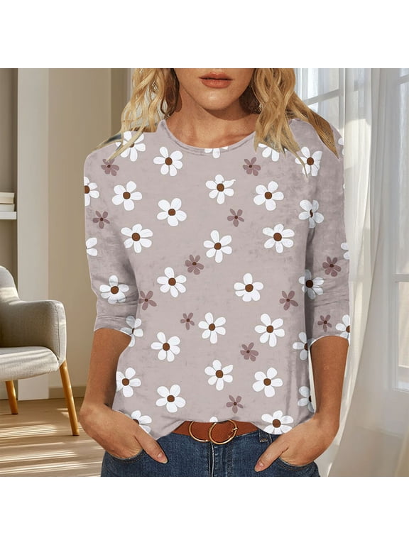 Womens Three Quarter Sleeve Tops Plus Size Pullover Tunic Graphic Holiday,Dressy Crew Neck T-Shirts for Junior Gift