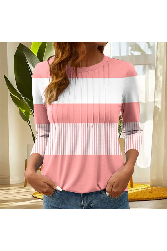 Womens Three Quarter Sleeve Tops Plus Size Tunic Pullover Dressy Striped,Summer Lightweight Crewneck T-Shirts for Junior Casual