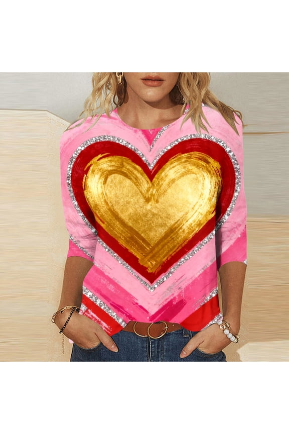 Womens Tops Gifts for Girlfriend Valentine Pullover 3/4 Sleeve Graphic Heart Print Cute,Holiday T-Shirts for Junior Crew Neck