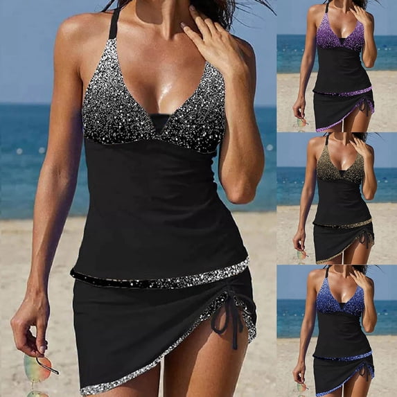 Vetsdori Womens Two Piece Swimsuits Tankini Modest Bathing Suits Summer High Waist,Tummy Control Outfits Sequined Swimwear for Ladies Skirts
