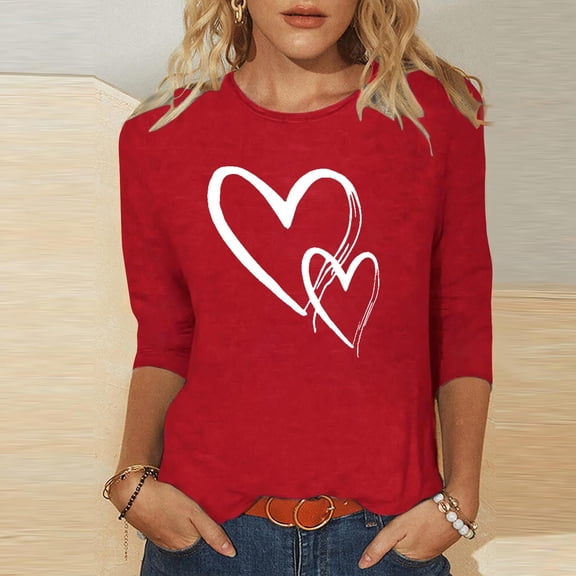 Vetsdori Womens Valentine Shirts Graphic Casual Blouses 3/4 Sleeve,Summer Pullover Crew Neck Tops for Ladies Cute
