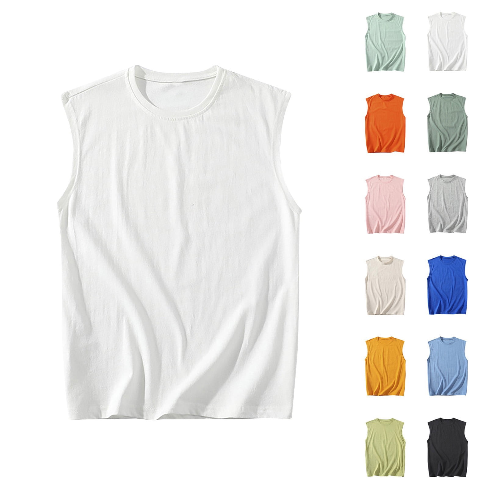 Workout T Shirts for Men Sleeveless Cotton Tank Tops Fitness Muscle,Slim Fit Crew Neck Solid Running Mens Shirts Summer,M