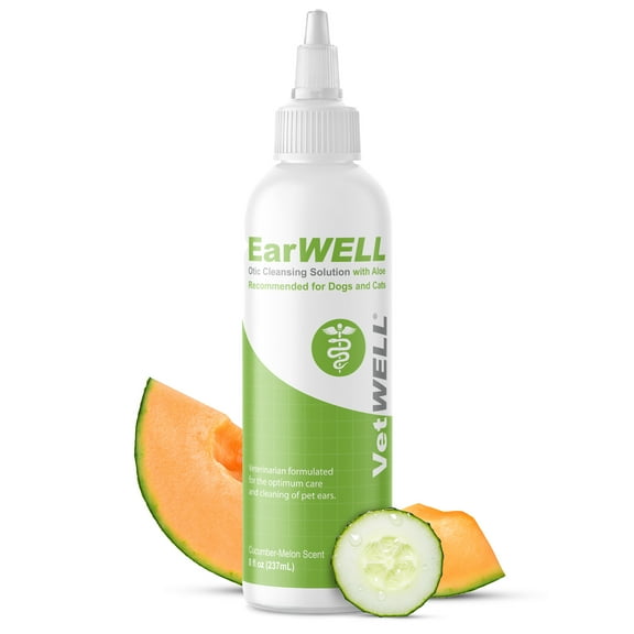 Vetwell Ear Cleaner for Dogs and Cats - Otic Rinse for Infections and Controlling Yeast, Mites and Odor in Pets - 8 oz (Cucumber Melon)