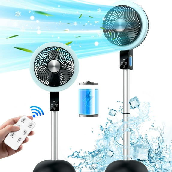 Veubew Pedestal Fan for Home, 120°+90° Omni-Directional Oscillating Quiet Fan with 8 Speed and Timer, Standing Floor Fan with 10000mAh Battery