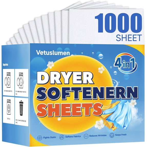 Veuslumen 1000 Count , Mega Pack Fabric r Sheets with Essential Oils, Long-Lasting Fresh Scent for Laundry - Softens Fabrics, Reduces Static, Fights Wrinkles