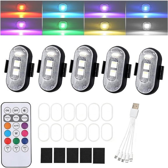 Vevall Wireless Car LEDs, 4PCS Wireless Car Footwell Lights, Wireless LED Strobe Lights with 8 Colors 10 Modes, Rechargeable Powered Mini Light Kit for Cars Motorcycle Drone Aircraft Bike