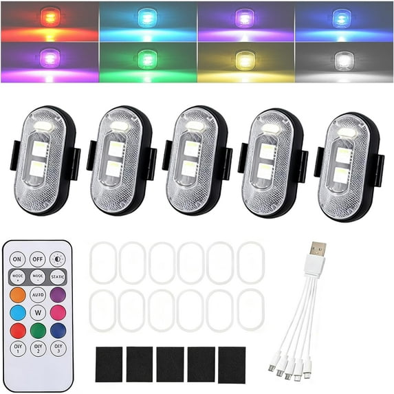 Vevall Wireless Car LEDs, 4PCS Wireless Car Footwell Lights, Wireless LED Strobe Lights with 8 Colors 10 Modes, Rechargeable Powered Mini Light Kit for Cars Motorcycle Drone Aircraft Bike