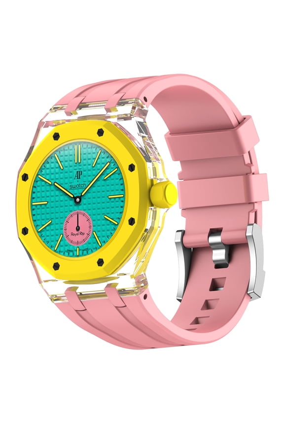 Rugged Case Band Compatible with Swatch Royal Pop Watch Band, Sports Silicone Strap with Shockproof Frame Bumper Transparent Case for Men Women Strap
