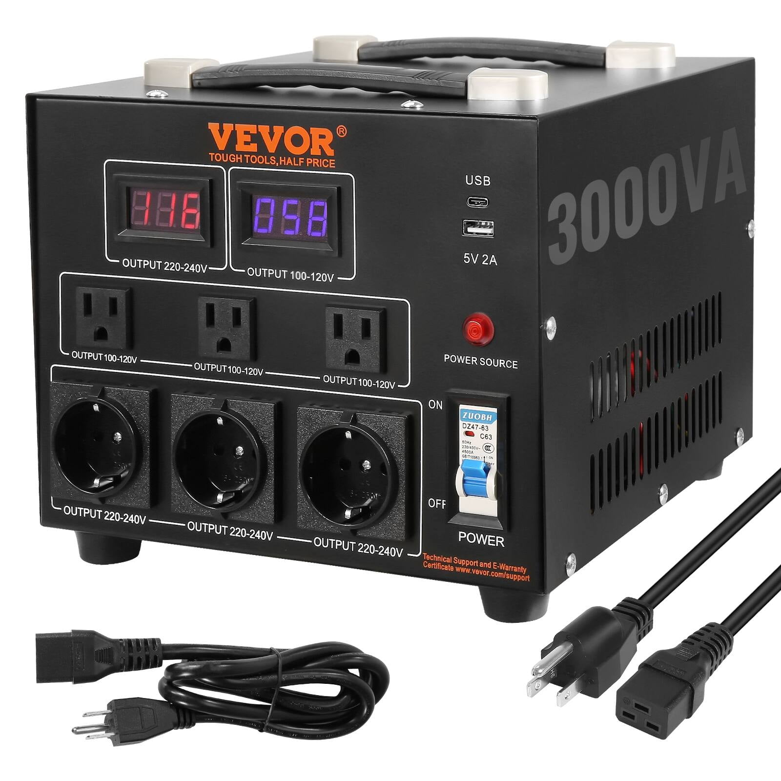 VEVOR 3000W Black Copper 3-Phase Voltage Converter Transformer