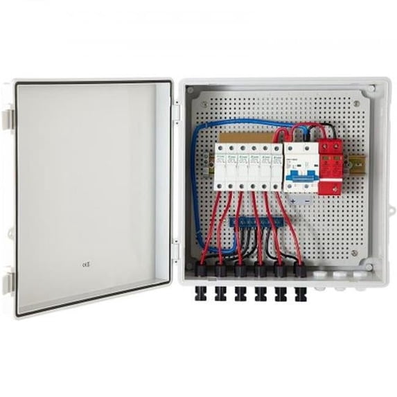 6 String PV Combiner Box - 125A Circuit Breaker, Lightning Arrestor, Solar Connector, 15A Rated Fuse